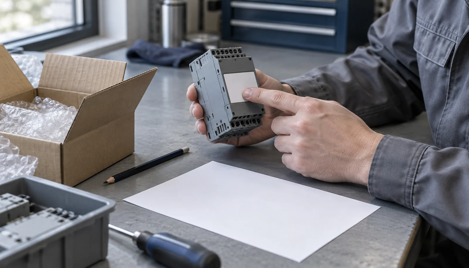 Illustrative review of an electrical component at a workbench